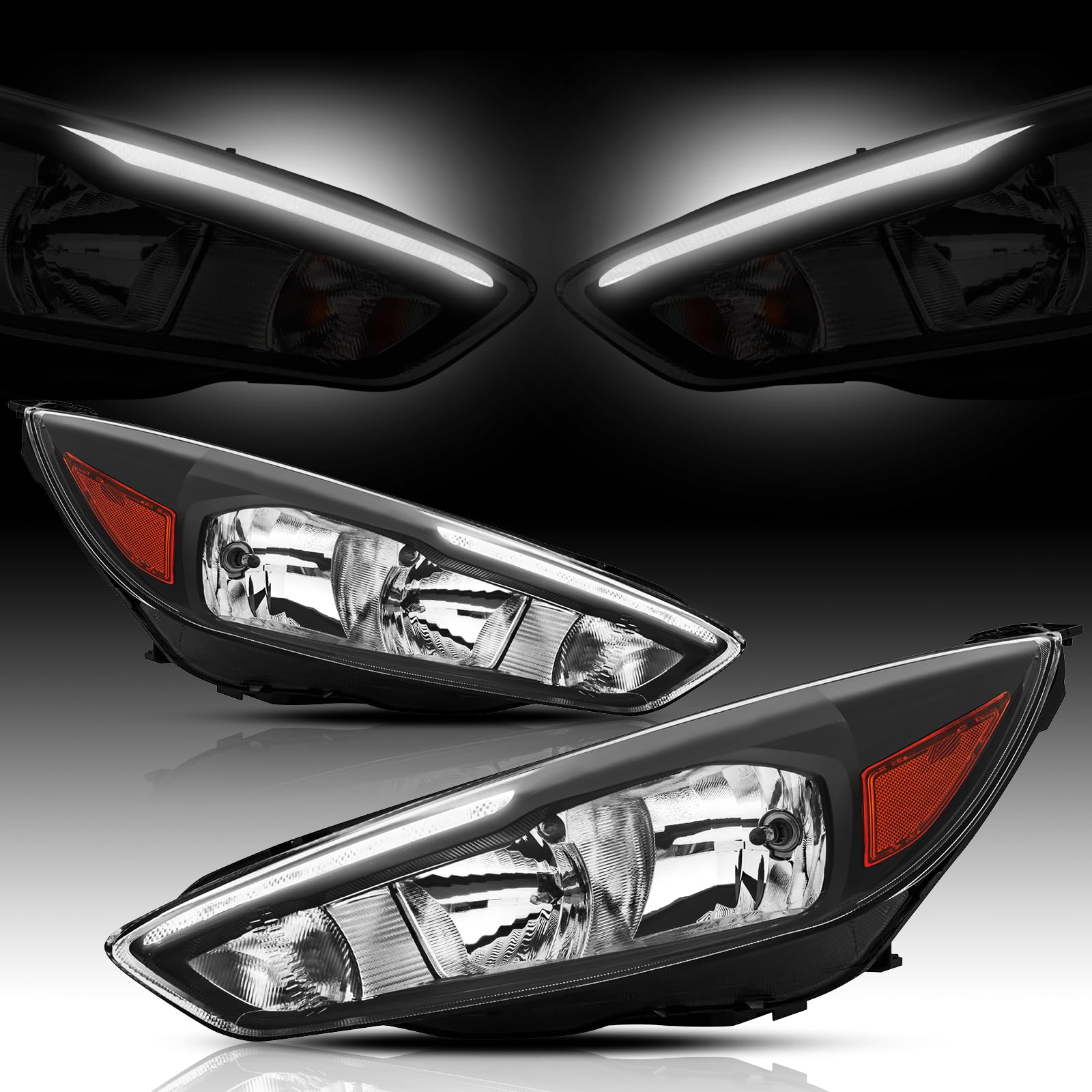 Headlights Assembly compatible with 2015-2018 Ford Focus w/LED DRL Headlamp Driver & Pass…