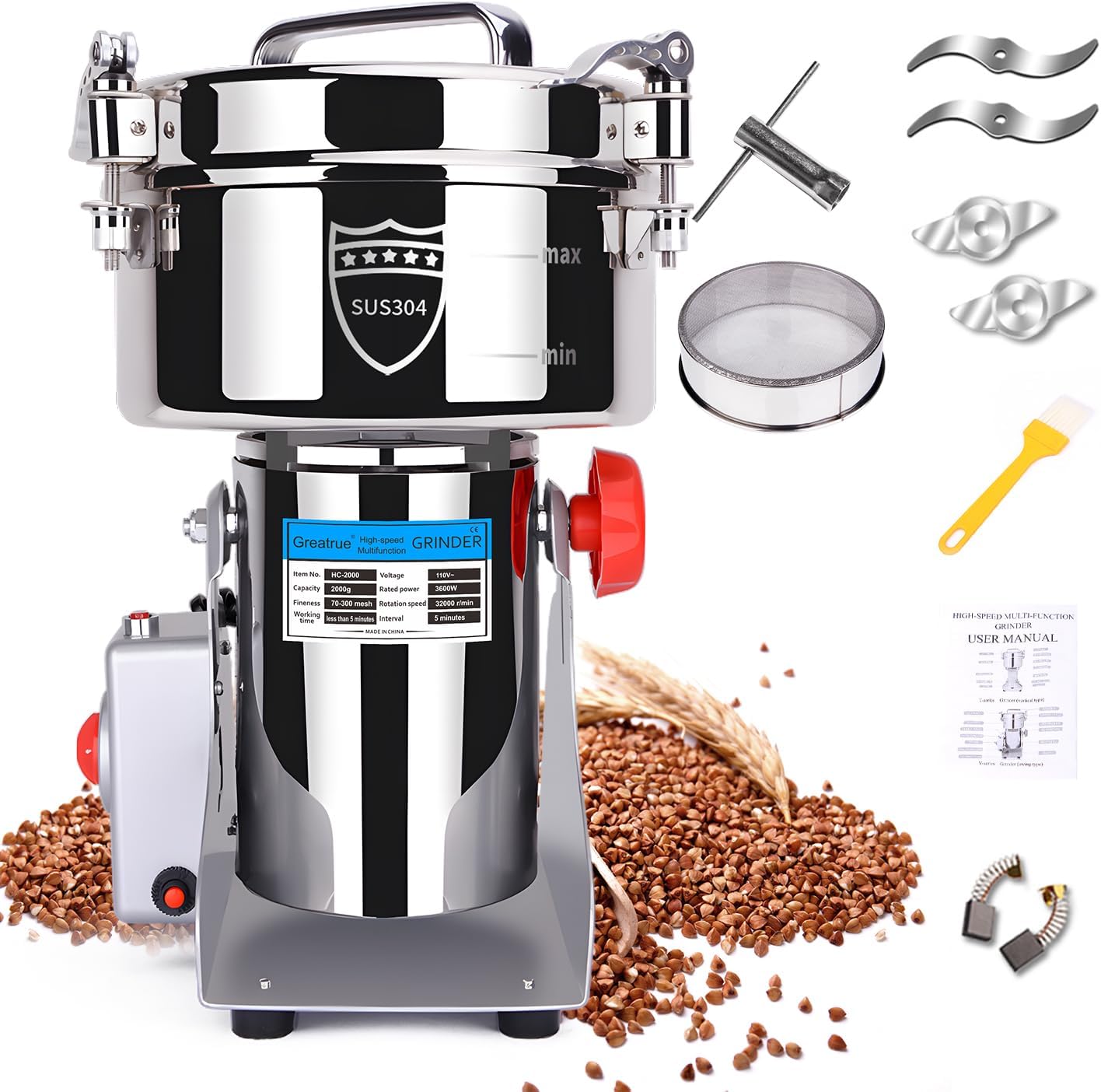Grain Mill Grinder Electric, 2000g Stainless Steel Grain Grinder for Dry Corn Coffee Wheat Pepper Food Seeds Flour Bean