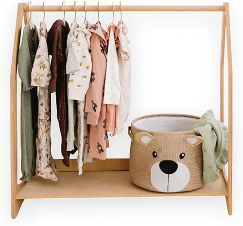 Miniatura 2 de WOOD&ROOM Montessori - Perchero para ropa infantil con estante – Perchero de madera para niños pequeños – Almacenamiento de ropa para niños, armario