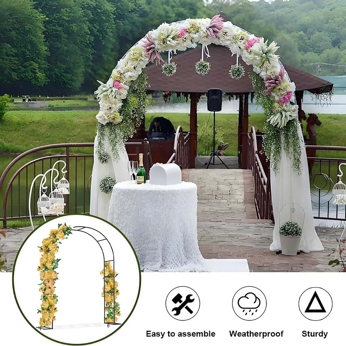 Metalowy łuk ogrodowy Pera na wesela ceremonie plenerowe wsparcie dla roślin pnących róża kratka solidna altana 140 x 230 cm biała h