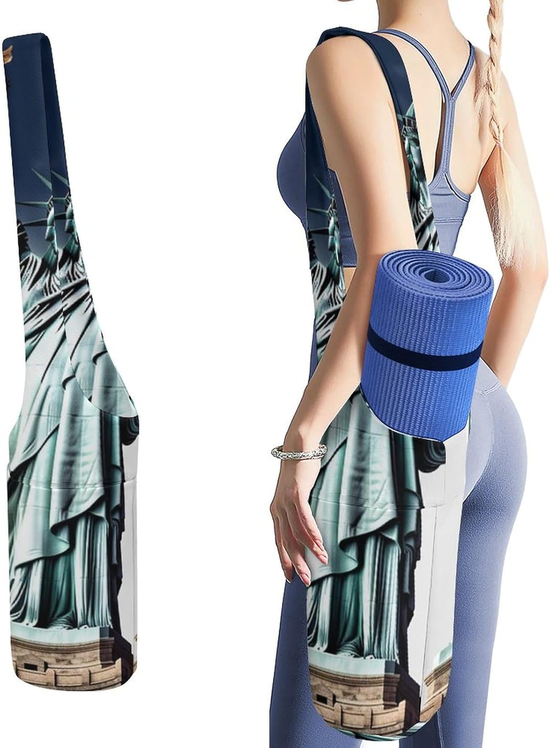 Statue of Liberty Yoga Mat Bag, Durable Canvas Yoga Mat Storage Bag with Water Bottle Pocket And Bottom Wet Bag, Fits Most Size Yoga Mats