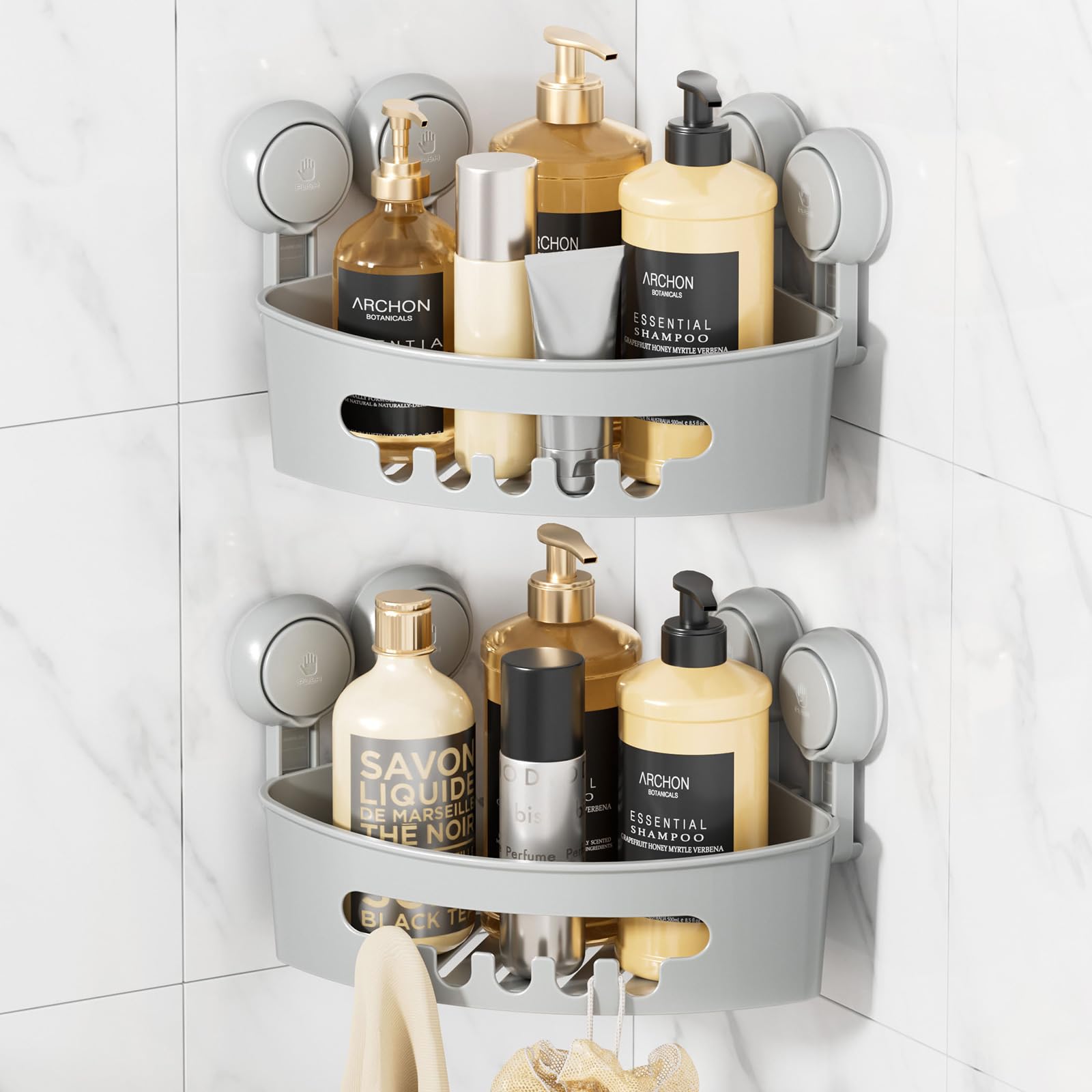 Photo 1 of LEVERLOC Corner Shower Caddy Suction Cup, shower shelves suction cup, 2 Pack Basket Powerful Bathroom, Waterproof & Oil-proof Organizer for Kitchen, No-Drilling Removable (Grey)