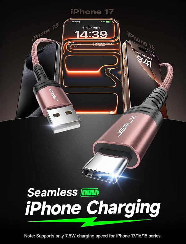 JSAUX USB C Cable Fast Charging, 3-Pack (10ft+6.6ft+3.3ft) USB A to Type C Charge Cord for iPhone 17/17 Pro/17 Pro Max, iPhone 16/16 Pro/16 Pro Max, Samsung Galaxy S24 S22 S20, USB C Charger(Pink) by JSAUX - Image 2