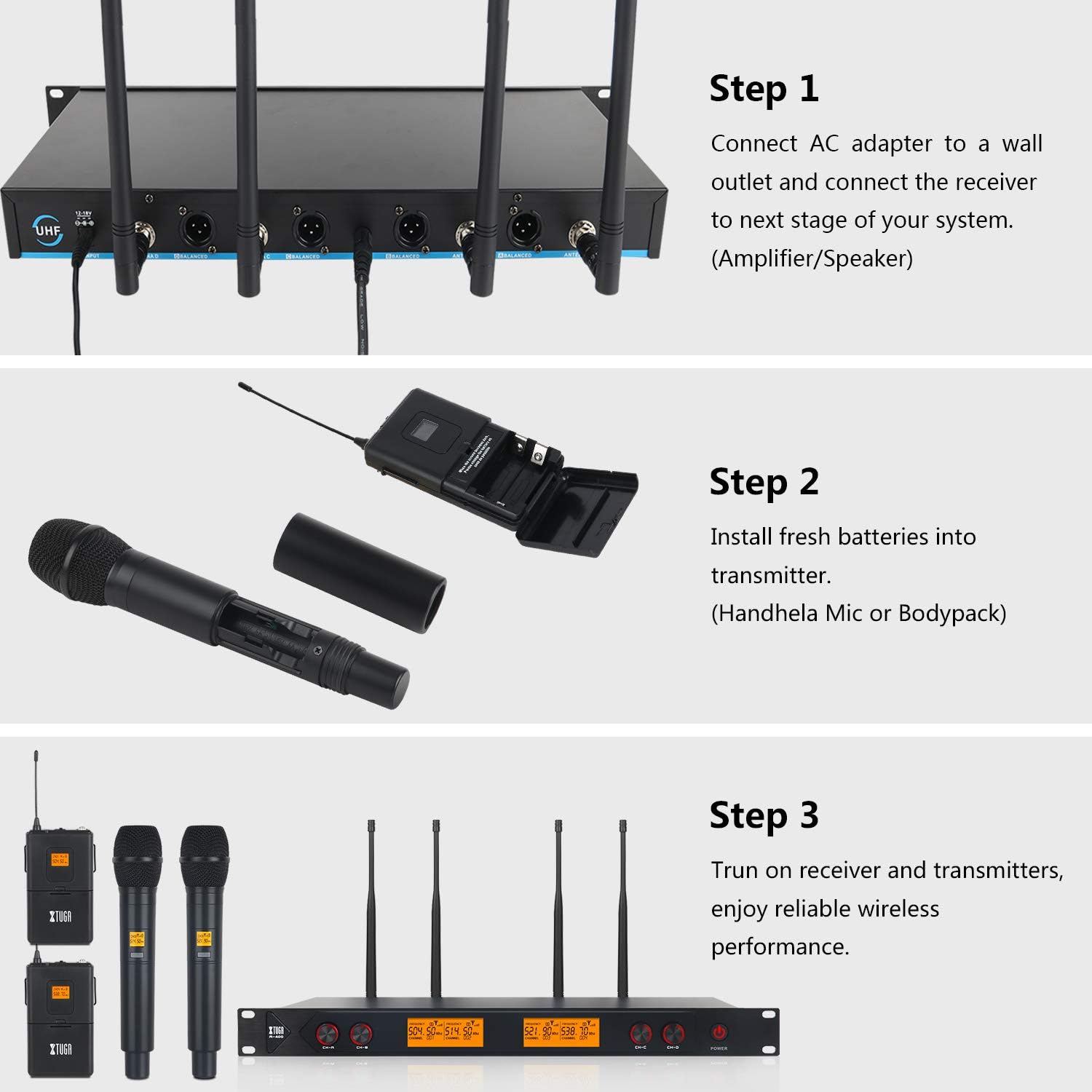 Best Deal XTUGA A400 Metal receiver 4-Channel UHF Wireless Microphone System with 2 Bodypack and 2HandHled Use for Family Party, Church, Small Karaoke Night (Frequency B)