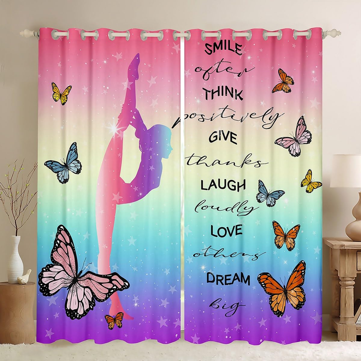 Erosebridal Girls Gymnastics Blackout Curtains for Kids Teens Chic Butterfly Curtains & Drapes, Rainbow Galaxy Curtains Pink Purple Gradient Black Out Curtains Gymnast Dancer Gifts Window Drapes
