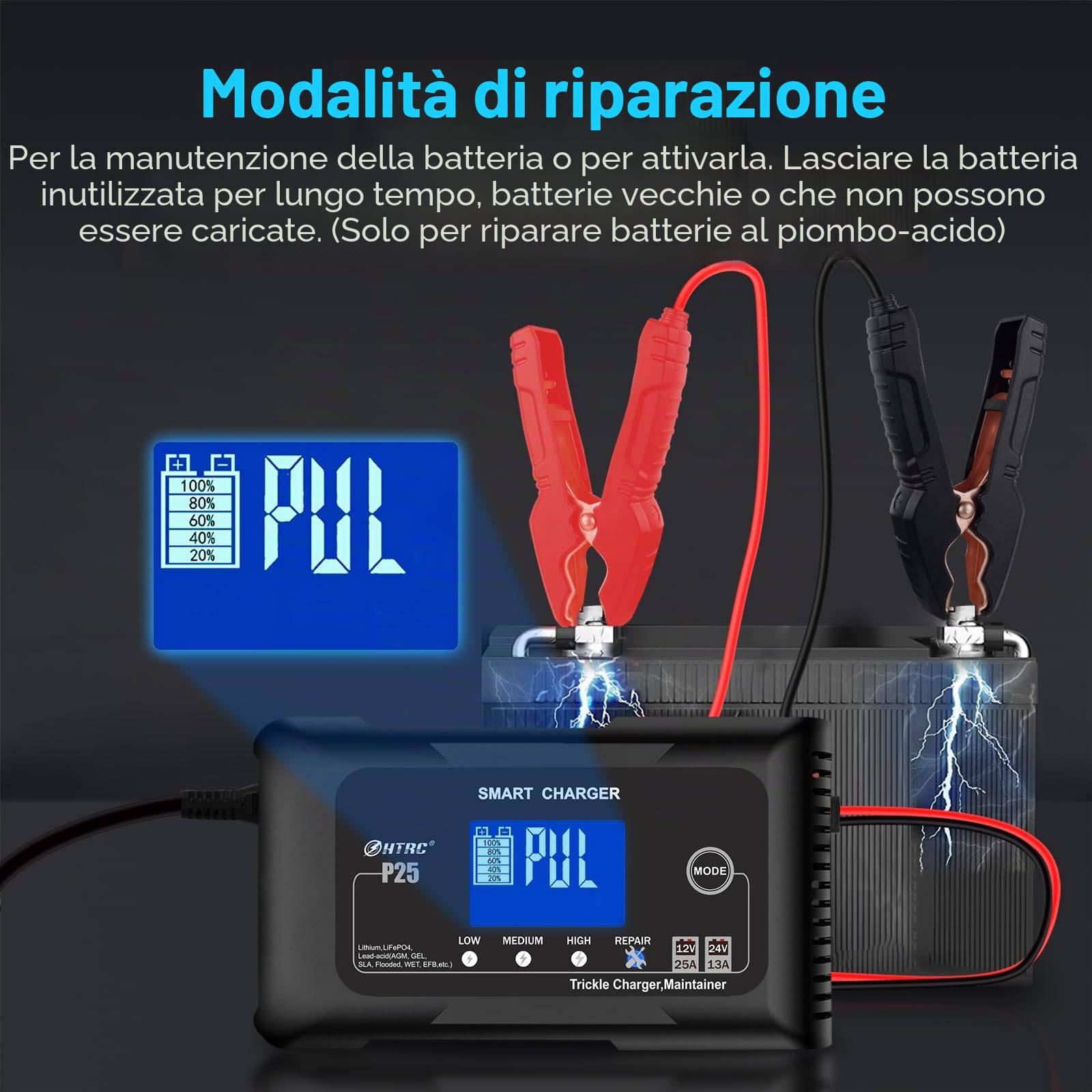 Haisito Caricabatterie da auto da 25 A, 12 V, 24 V, 25 A, caricatore di mantenimento e dispositivo di desolforazione, adatto per litio, LiFePO4, acido piombo (AGM, gel, EFB, MFecc.) moto, auto, barche