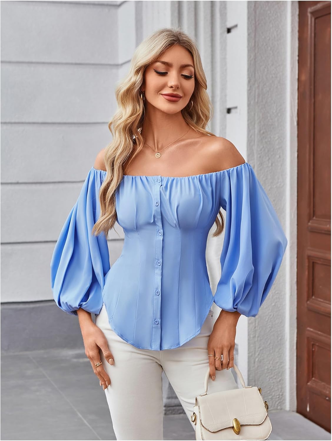 SOLY HUX Women's Off The Shoulder Tops Button Down Lantern Sleeve Shirt Going Out Blouse - Image 3