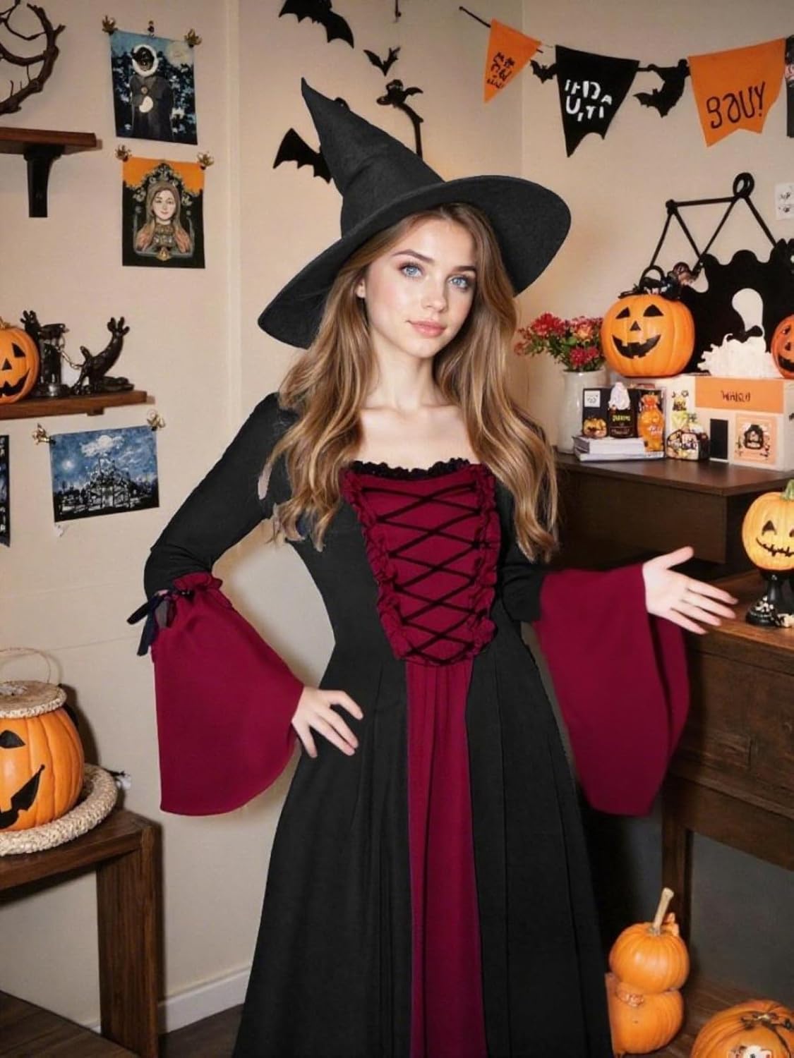 Womens Gothic Witch Dress, Halloween Lace Up Hooded Costume Medieval Vampire Sorceress Cosplay Dresses - Image 4