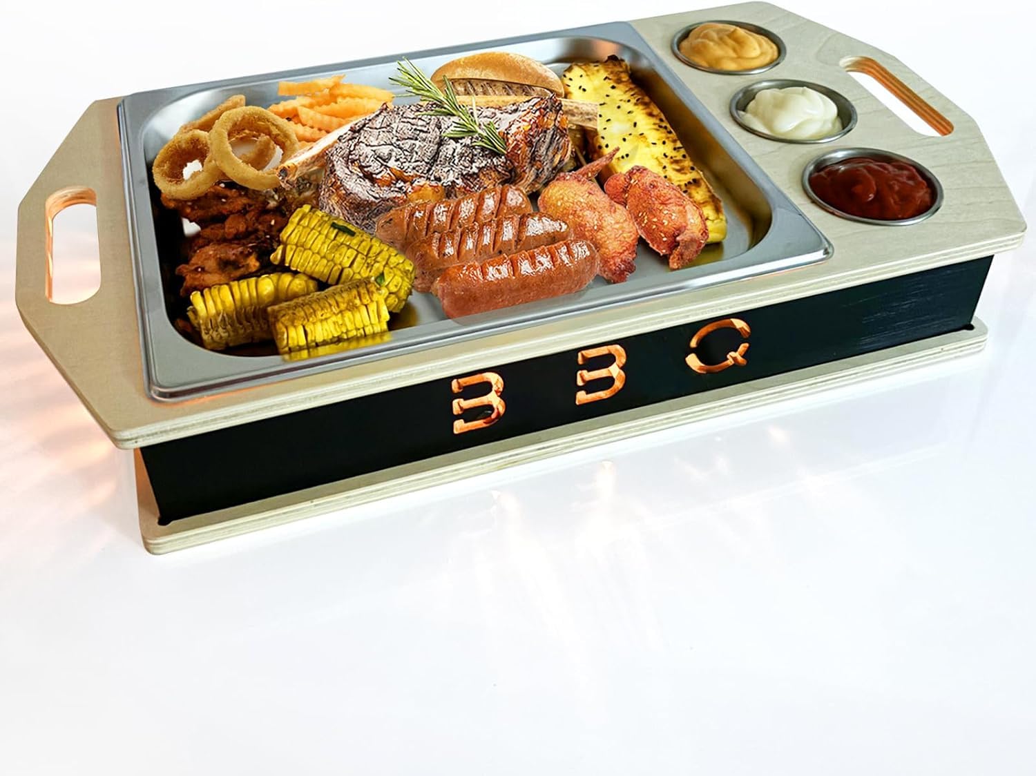 Fleischwarmhalter fürs Grillen, BBQ Board mit Edelstahl Schälchen, Umweltfreundliche Materialien, Grillgut Stövchen für Potlucks BBQ-Party Versammlungen(X)