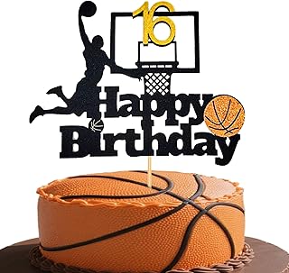 Sparkling Black & Gold 16th Birthday Basketball Cake Topper - "Happy Birthday" Dunk Player & Hoop Decoration for Boys' Parties