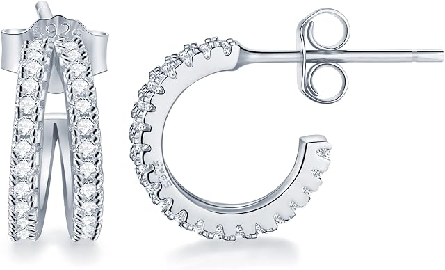 Lydreewam 925 Sterling Silver Small Half Hoop Earrings for Women Girls, Mini Huggie Hoop Earrings with 3A Zirconia, 12mm Diameter Double Hoop Earrings, 3 Colors in Silver/Gold/Rose Gold