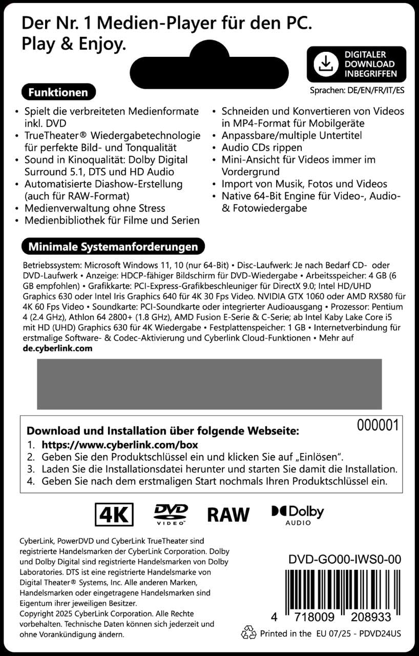 CyberLink PowerDVD 24 Standard - Vielseitiger Player für digitale Medien und DVD-Disc - Mit übersichtlicher Medienverwaltung - Dauerlizenz für Windows (ProduktKeyCard) #PKC