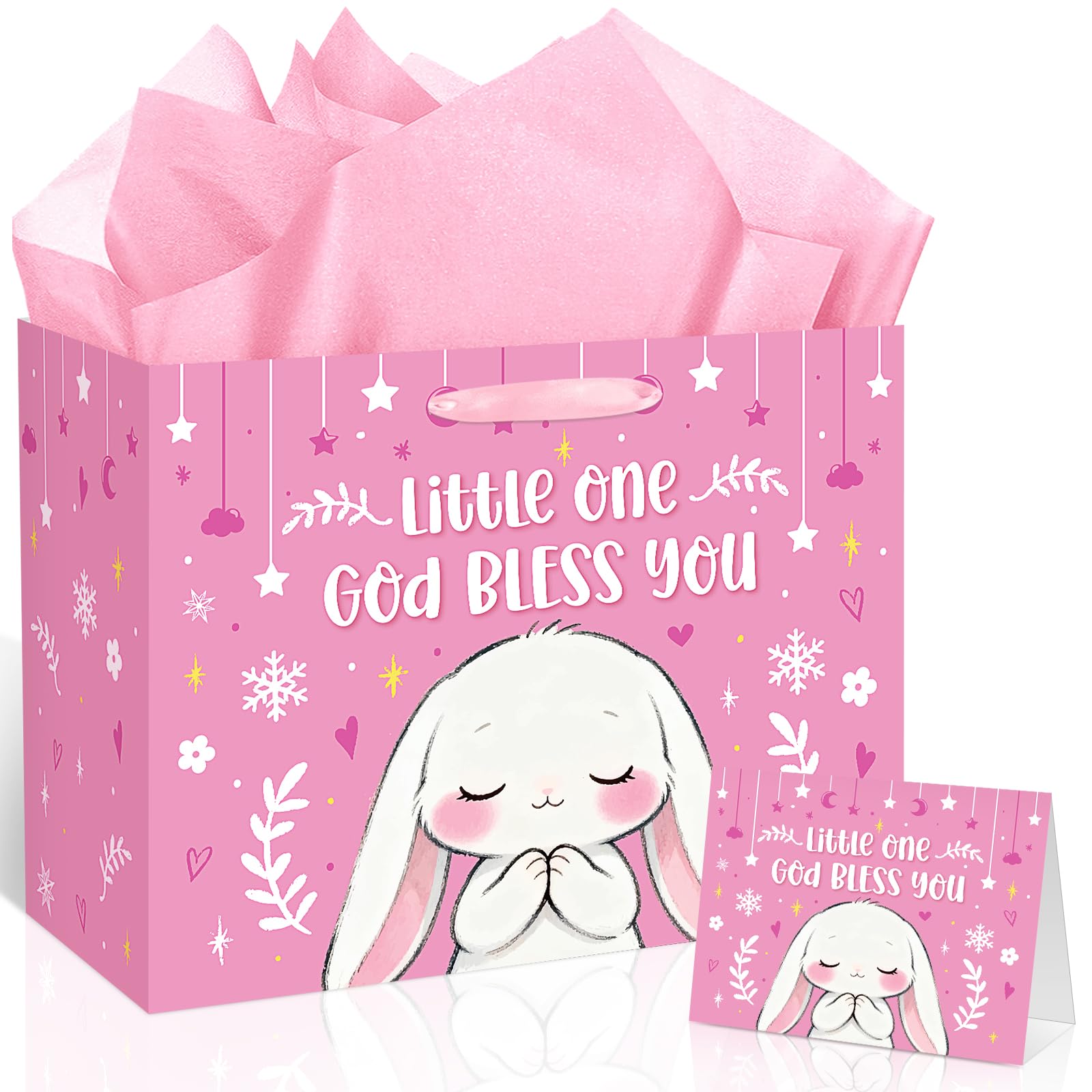 Large Baptism Gift Bags for Girls, Bunny Pray Pink Christening Gift Cross Gift Bag with Tissue Paper Card Little One God Bless You Religious First Holy Communion Wrapping Paper for Baby Girl Baptisms