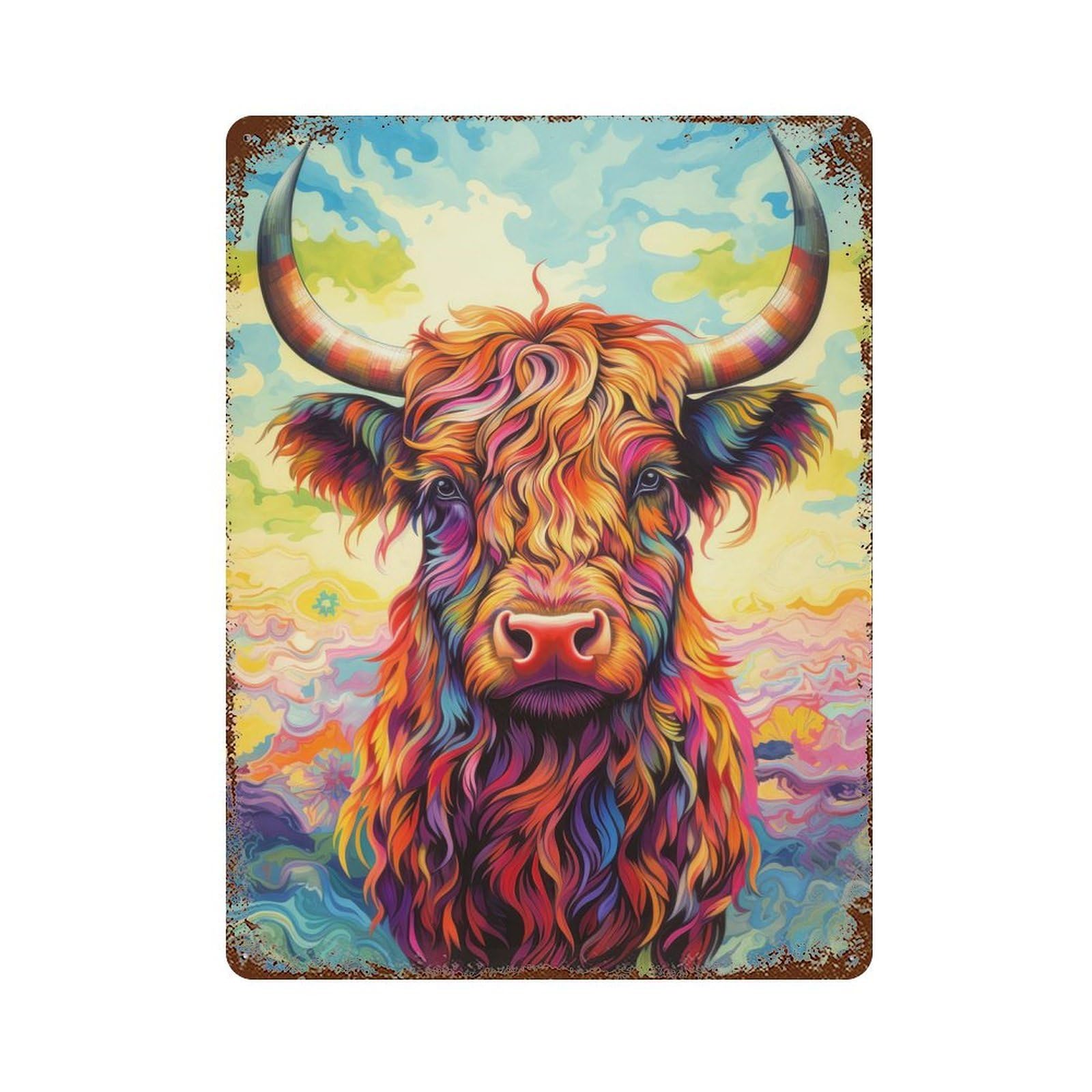 Colorful Highland Cow Distressed Metal Wall Sign 15.7"x11.8", for Farmhouse, Kitchen And Entryway Decor, Rustic Home Decor