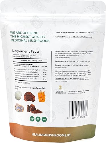 Miniatura 2 de 5 hongos Power Bland, extracto orgánico en polvo, con melena de león, reishi, cordyceps, cola de pavo y chaga - 7.05 oz