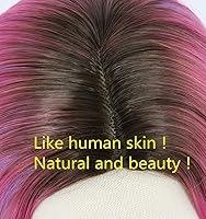 Vista 5 de Topcosplay - Peluca larga de cabello ondulado, para mujeres y niñas, de color rosa con azul y raíces negras, para fiesta de disfraces de Halloween