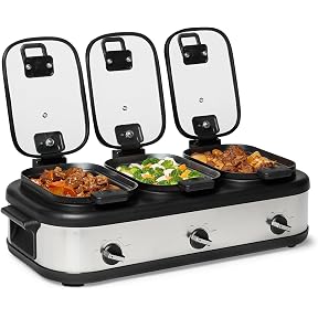 Amazon Basics Stainless Steel Triple Slow Cooker, Dishwasher Safe, Non-Stick, 3 x 2.5 Quarts, Removable Pots, Individual Temp Control, Tempered Glass Lids, for Party Entertaining