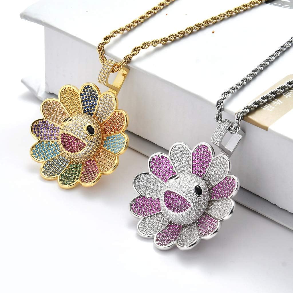 Iced Out Necklace for Men - Sunflower Pendant Sunflower Hip Hop Pendant - Copper Plated 18K Gold Micro Inlaid Zircon with 23.6in Rope Chain Hip Hop Rapper Jewelry Giftting