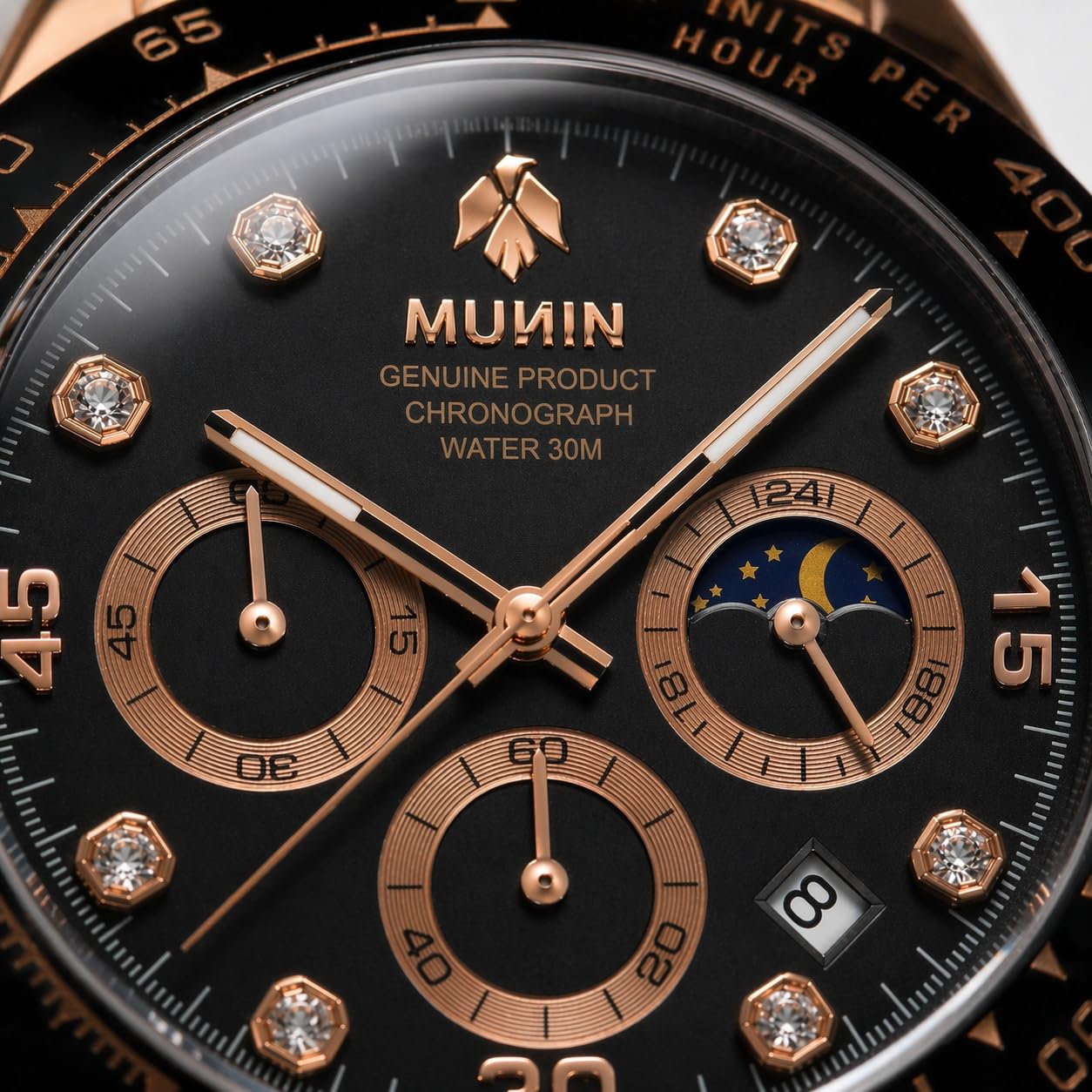 Munin Reloj de Hombre Cobre, Reloj clásico Negro con Detalles en Cobre, Cronógrafo, Correa de Caucho, Movimiento de Cuarzo, Analógico con 3 subsferas