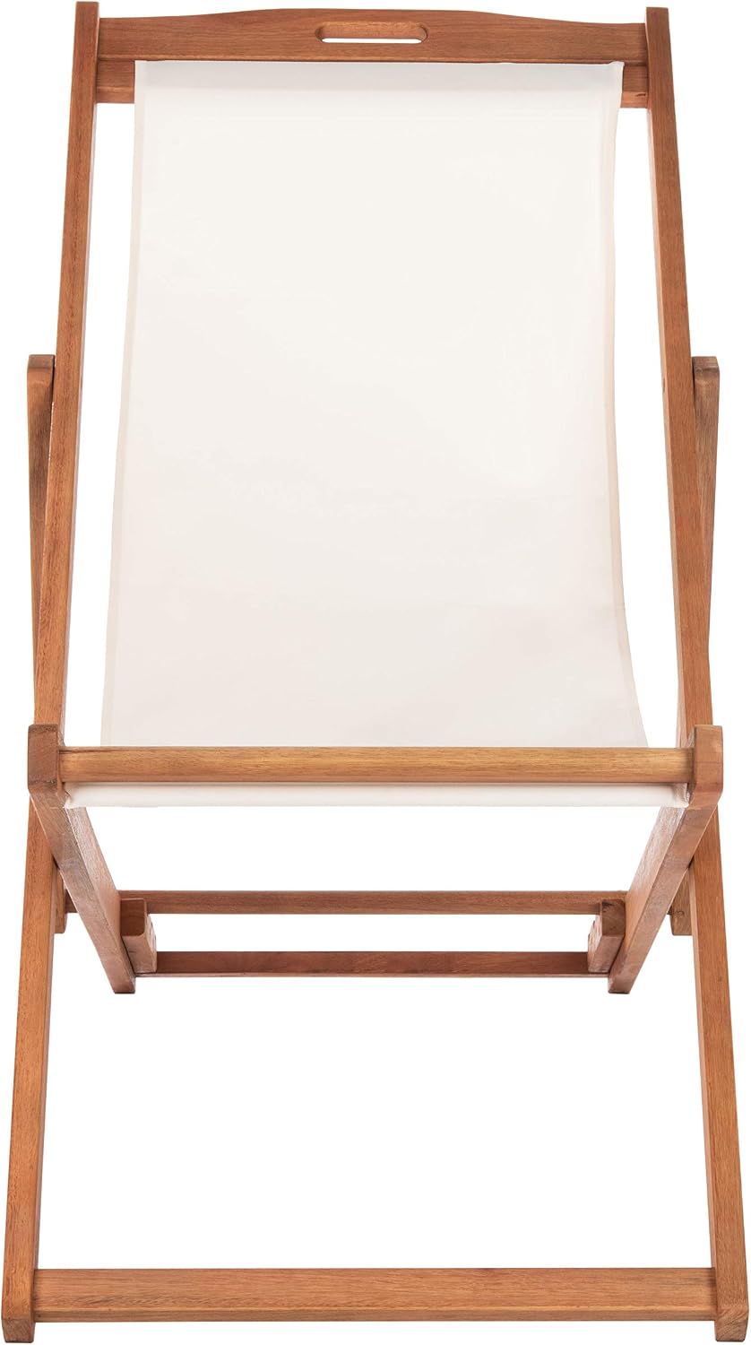 SAFAVIEH Outdoor - Loren Folding Sling Chair Set of 2 - Brown & Beige - Solid Wood Frame - Portable Bistro Design - Ideal for Patio, Deck, Poolside, Backyard, 24" W x 43" D x 25" H (PAT7040E-SET2)