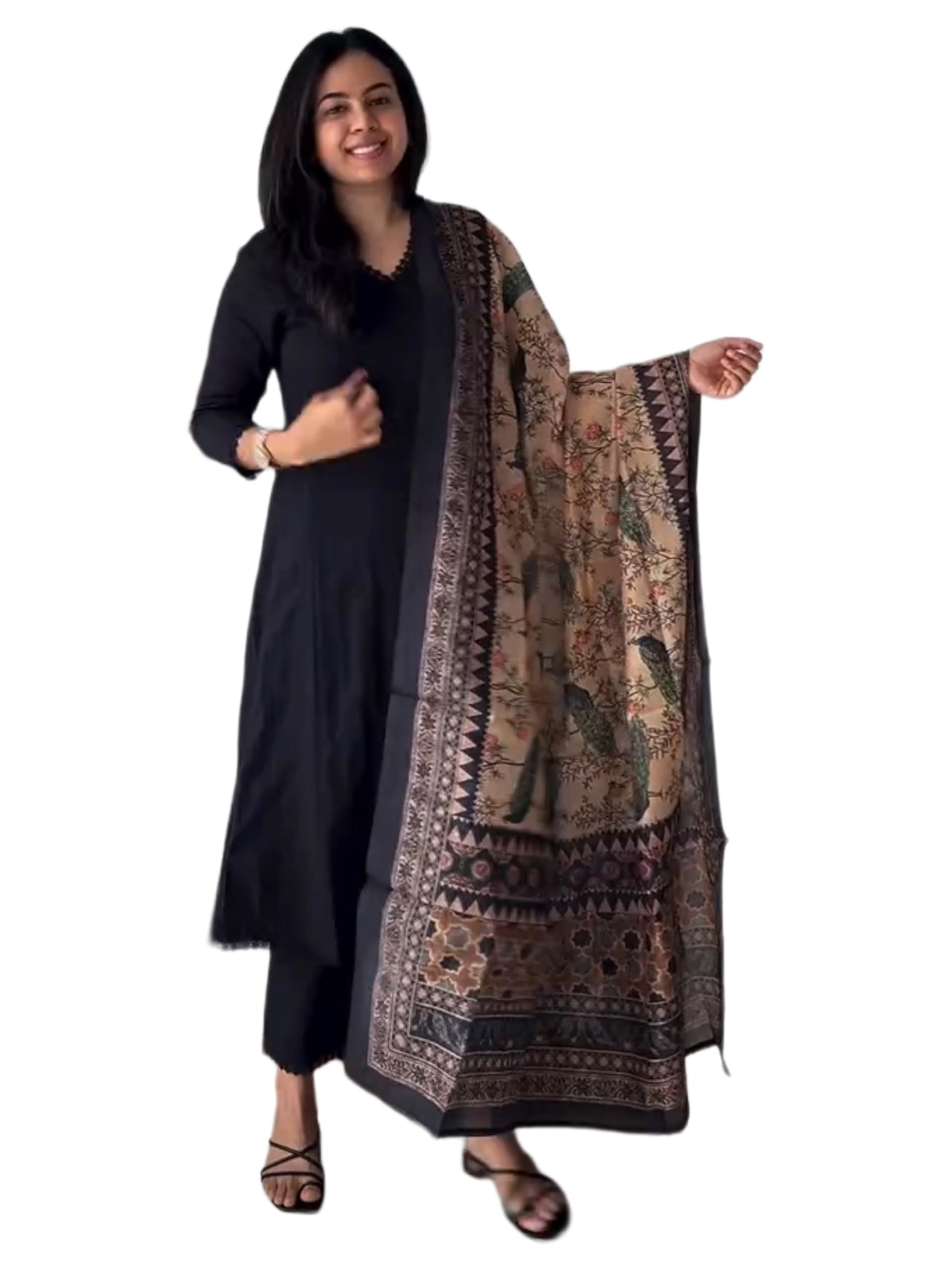 Women's Rayon Viscose Anarkali Solid Kurta Pant Printed Dupatta Set | Flared Ethnic Suit for Festive, Party