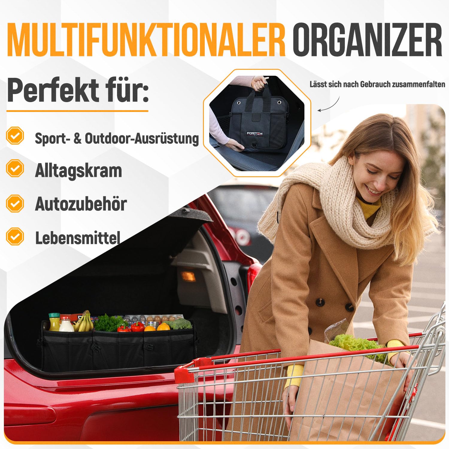 FORTEM Kofferraum Organizer, Zusammenklappbarer Auto Organizer mit Fächern, Rutschfester Boden, Verstellbare Sicherungsriemen, Klappbarer Deckel (90L)