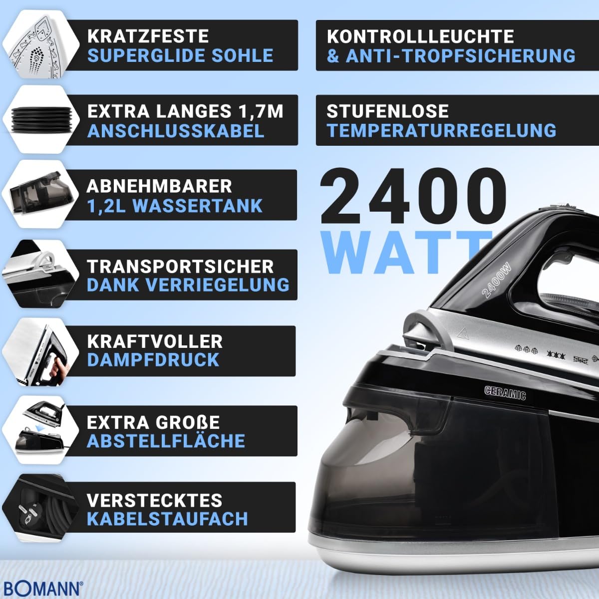 Bomann® Dampfbügelstation mit Dampf Bügeleisen | 3,5 bar | Dampfbügeleisen mit Superglide-Sohle & 1,2L Wassertank | 80 min. Betriebsdauer | 2400W | Bügeleisen Dampf m. Anti-Tropf-System | DBS 6034 CB