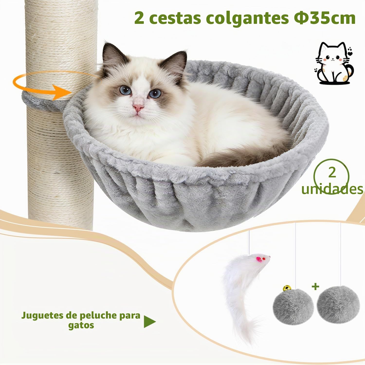 Globlazer Árbol Rascador XXL para Gatos Grandes con Postes Gruesos 11 cm, 2 Extragrande Nidos 50 * 35 * 30cm, Plataforma Acolchada Grande, Cesta, Estable Torre para Gatos Maine Coon (S67, Gris Claro)