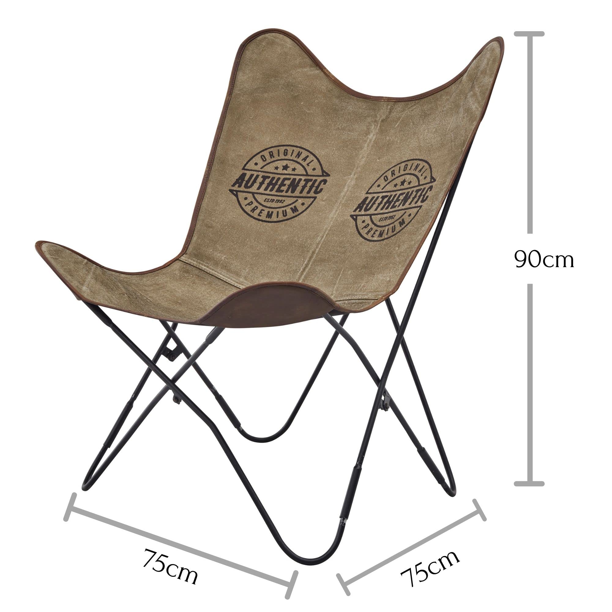 MILLA Butterfly Sessel, Canvas - Retro Wohnzimmer Sessel mit schwarzem Metallgestell - 75 x 90 x 75 cm (B/H/T)