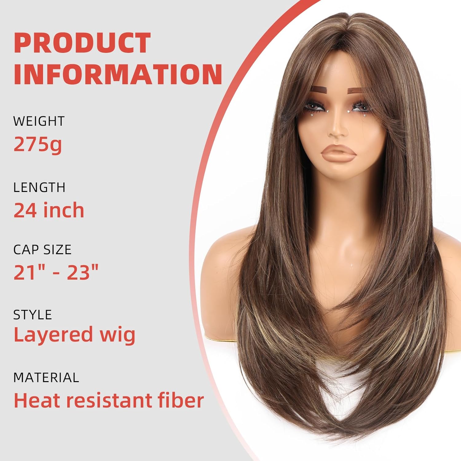 Allbell Highlight Dark Brown Wigs For Women Long Straight layered 24 inch Middle Part Wig Natural Looking Synthetic Heat Resistant Fiber for Daily Party Use