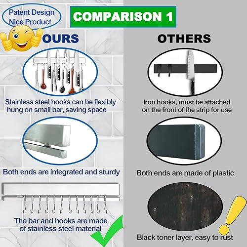 Miniatura 4 de YIIYIIN Fuerte soporte magnético para cuchillos para pared, tira de cuchillos sin taladrar de 17 pulgadas con 12 ganchos y adhesivo, sostiene