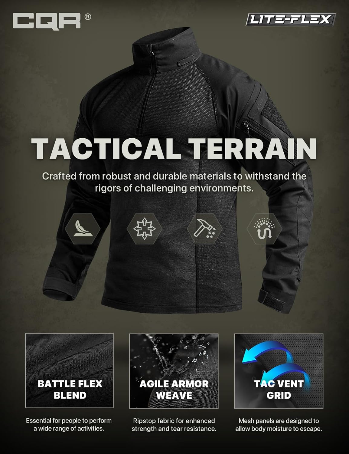 CQR Men's Combat Shirt Tactical 1/4 Zip Long Sleeve Military BDU Shirts Camo EDC Top with Pockets - Image 7