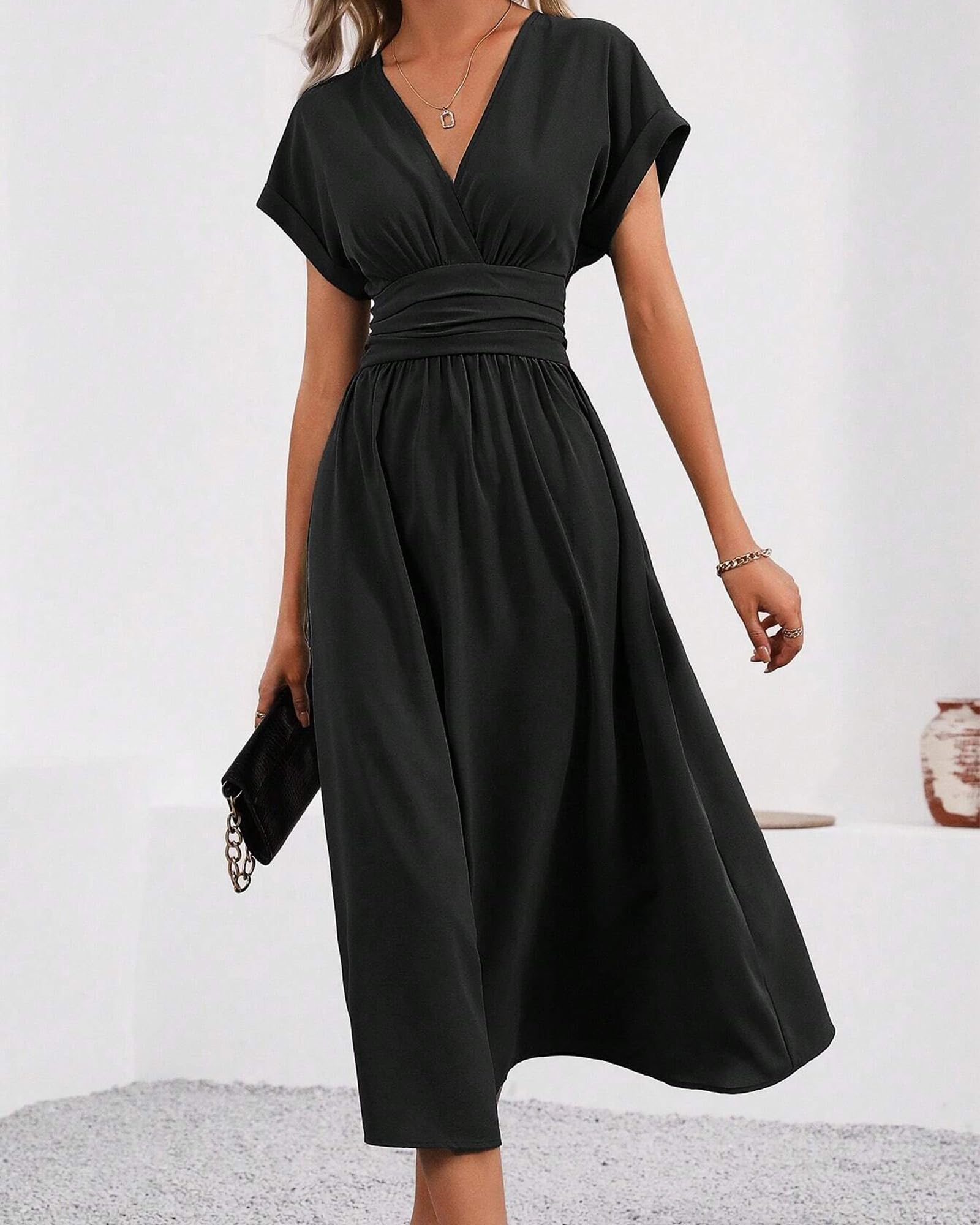 Robe Longue Femme Ete Elégante Robes de Plage Manches Courtes V Taille Haute Unie Maxi Dress Casual et Chic