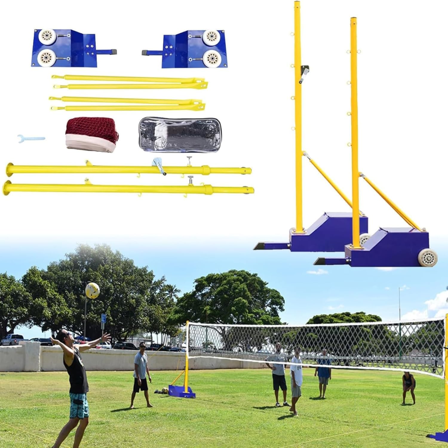 Volleyball Net System with Adjustable Heavy-Duty Poles and Wheels, Portable Outdoor Setup for Backyard, Heights 5.11ft to 6.9ft, Suitable for Adults