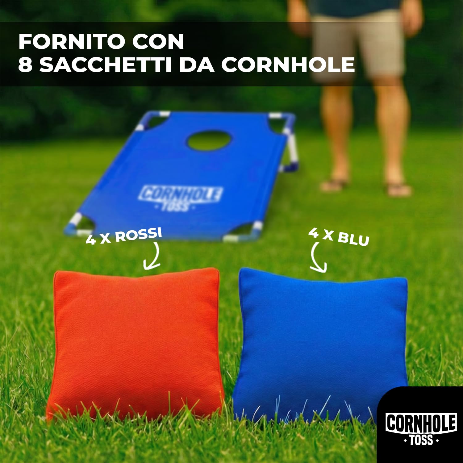 Cornhole Toss – Leggero e Pieghevole in Tessuto 90×60 cm – Set con 2 Tavole + 8 Sacchetti + Borsa da Trasporto – Gioco da Esterno per Adulti – Original Corner