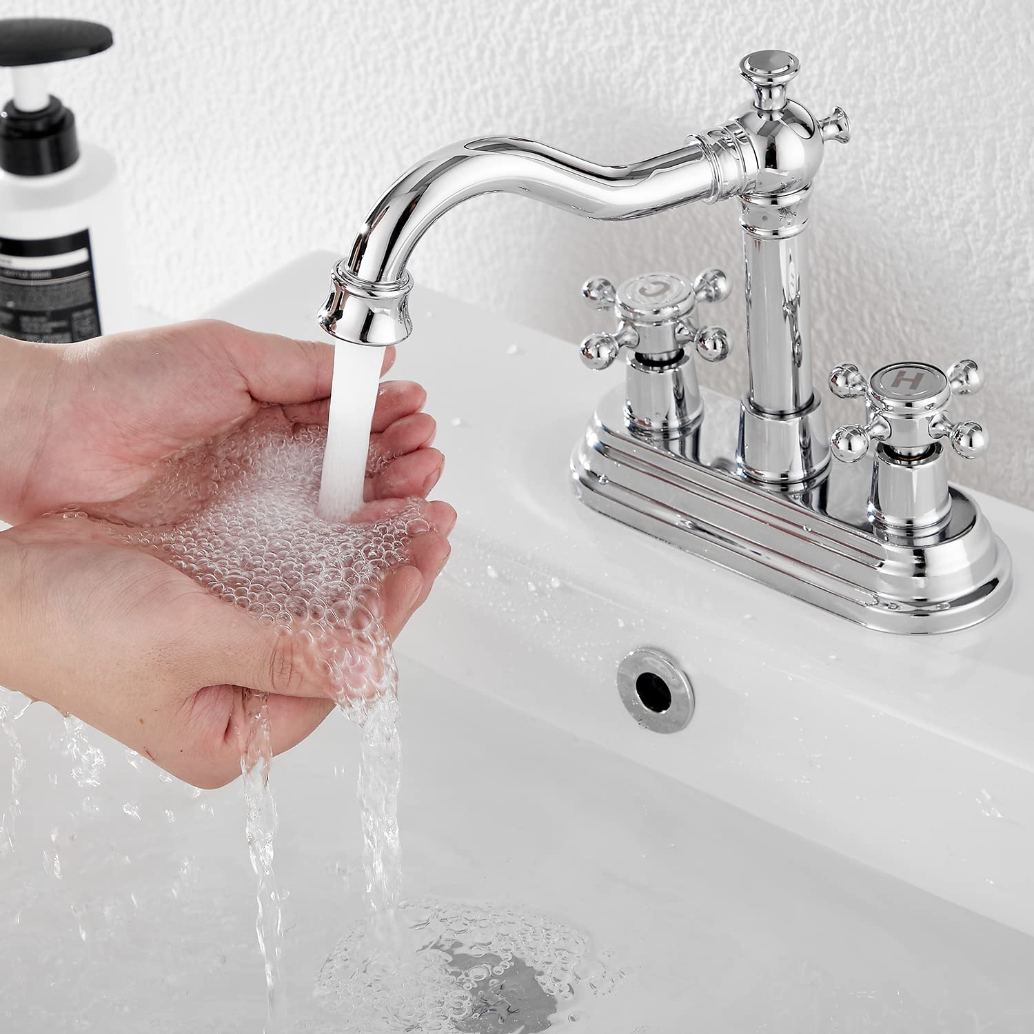 Chromowany kran łazienkowy GGStudy 2 uchwyty 10 cm centralny RV łazienka bateria umywalkowa z montażem odpływowym i wężem zasilającym bateria toaletowa bateria mieszacz podwójny uchwyt kran