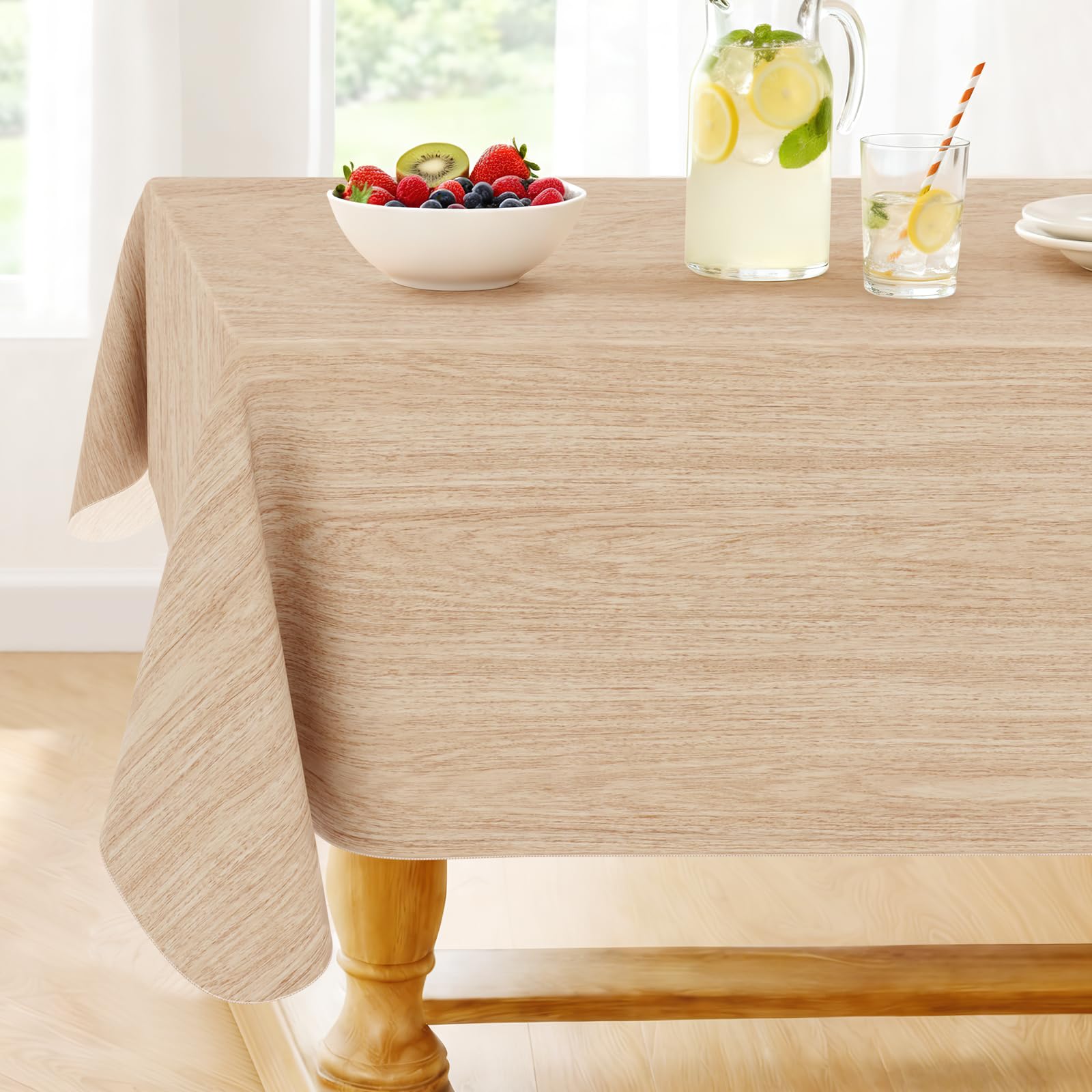 Photo 1 of Smiry Rectangle Table Cloth, Waterproof Vinyl Tablecloths with Flannel Backing, Wipeable Spillproof Plastic Wood Grain Table Cover for Dining, Indoor and Outdoor (Beige, 54" x 78")