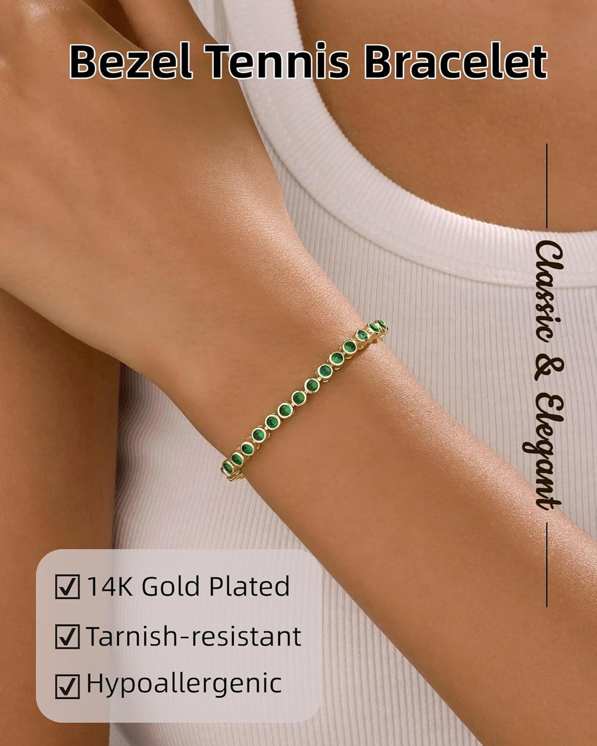 14k Gold Plated 3mm Cubic Zirconia Tennis Bracelets for Women, Adjustable Bezel Set Cubic Zirconia Bracelet Emerald Green Blue Multicolored Stones Bracelet Size 6.75+1 Inch - Image 2
