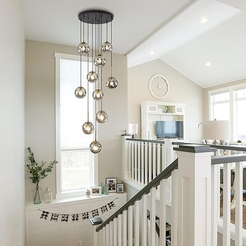 Miniatura 4 de BOKT Lámpara colgante vintage en racimo negro dorado 10 luces globo de vidrio escalera lámpara gris ahumado moderno gran lámpara colgante ajustable
