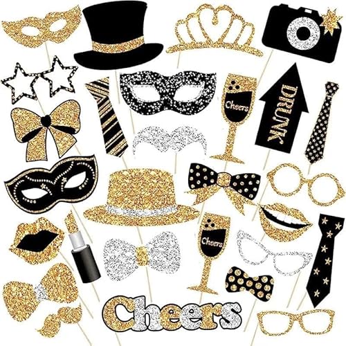 30 Pieces Black Golden Photo Booth Props Set for Party, Selfie Props, Birthday & Wedding Decorations, Funny Photobooth Accessories for New Year, Christmas, Homecoming, Ermaoo