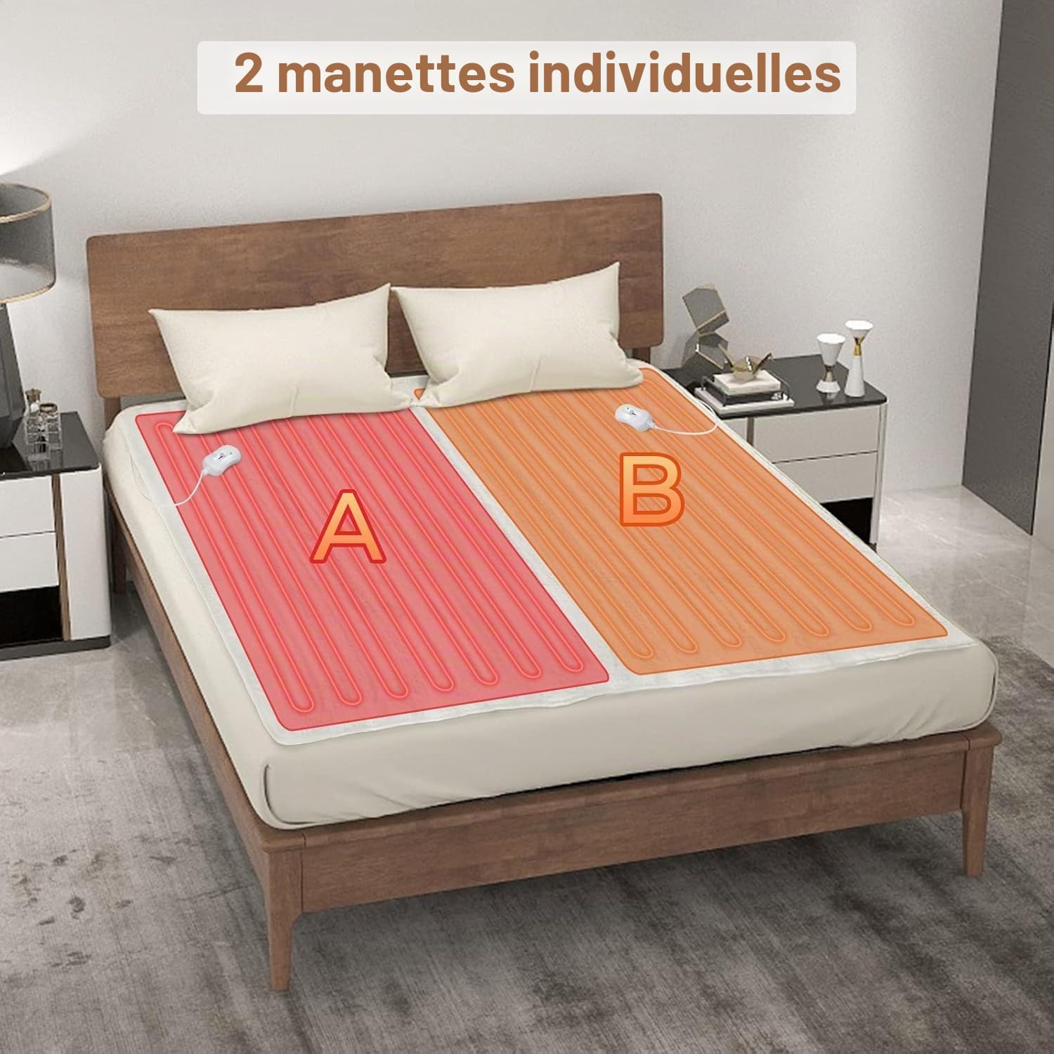 Surmatelas Chauffant Double 160x140 cm, Couverture Chauffante Électrique pour Lit Double, Chauffe Matelas 2 Personnes, 2 Télécommandes, 3 Niveaux Température, Lavable, Chauffage Rapide