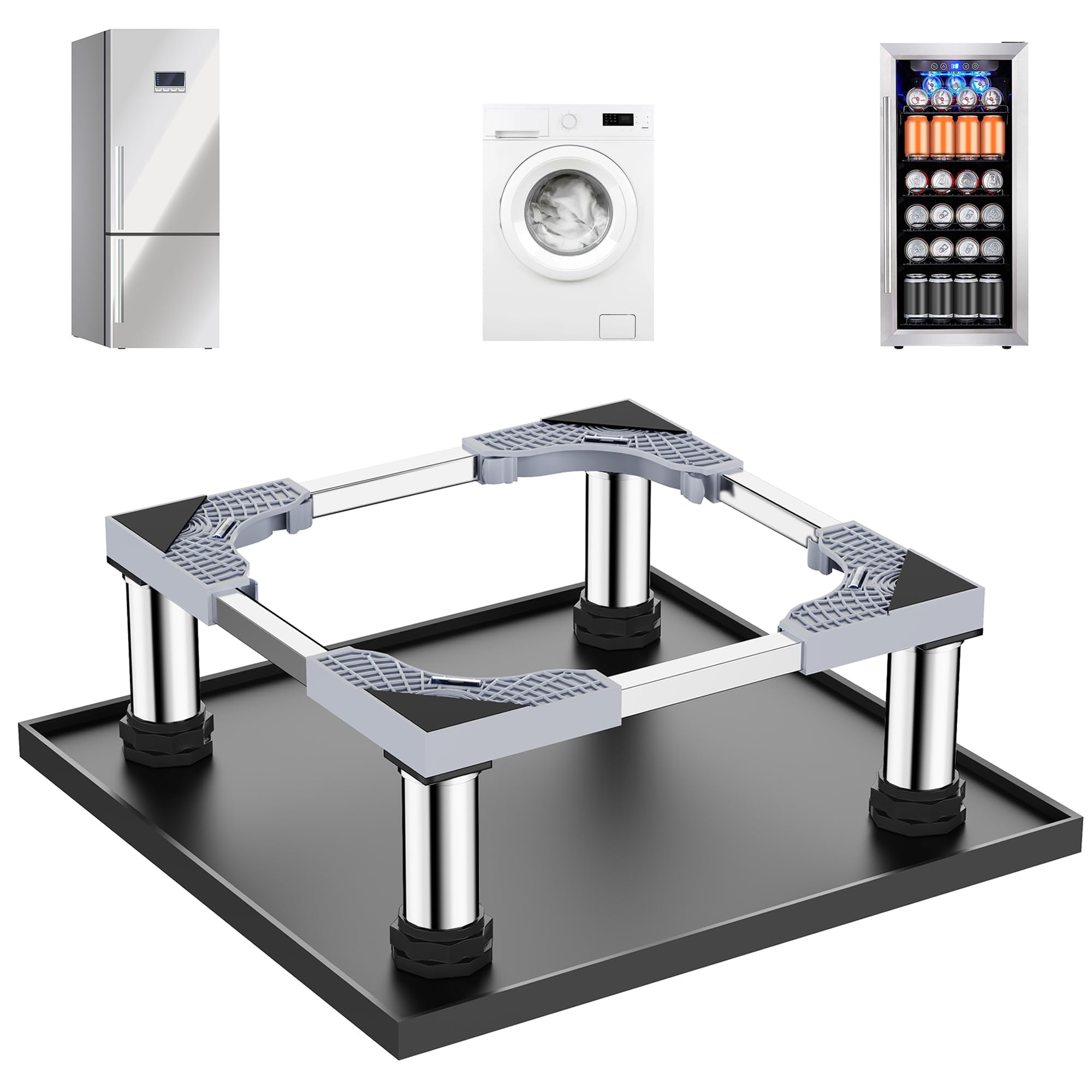Mini Fridge Stand with Silicone Drip Tray, Adjustable 24''x24'' Refrigerator Stand with 4 Stainless Steel Feet, Dorm Fridge Stand Protects Floors from Leaks for Small Fridge, Portable Compact Washer or Dryer