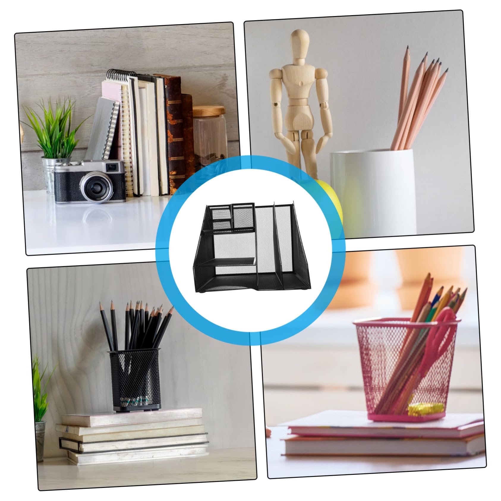 Schwarzer Schreibtisch Aktenhalter aus Eisen mit Großem Stauraum 2 Fächer und 3 Ebenen Linksseitiger Stiftehalter Multifunktionaler Büro Organizer für Office Einsatz