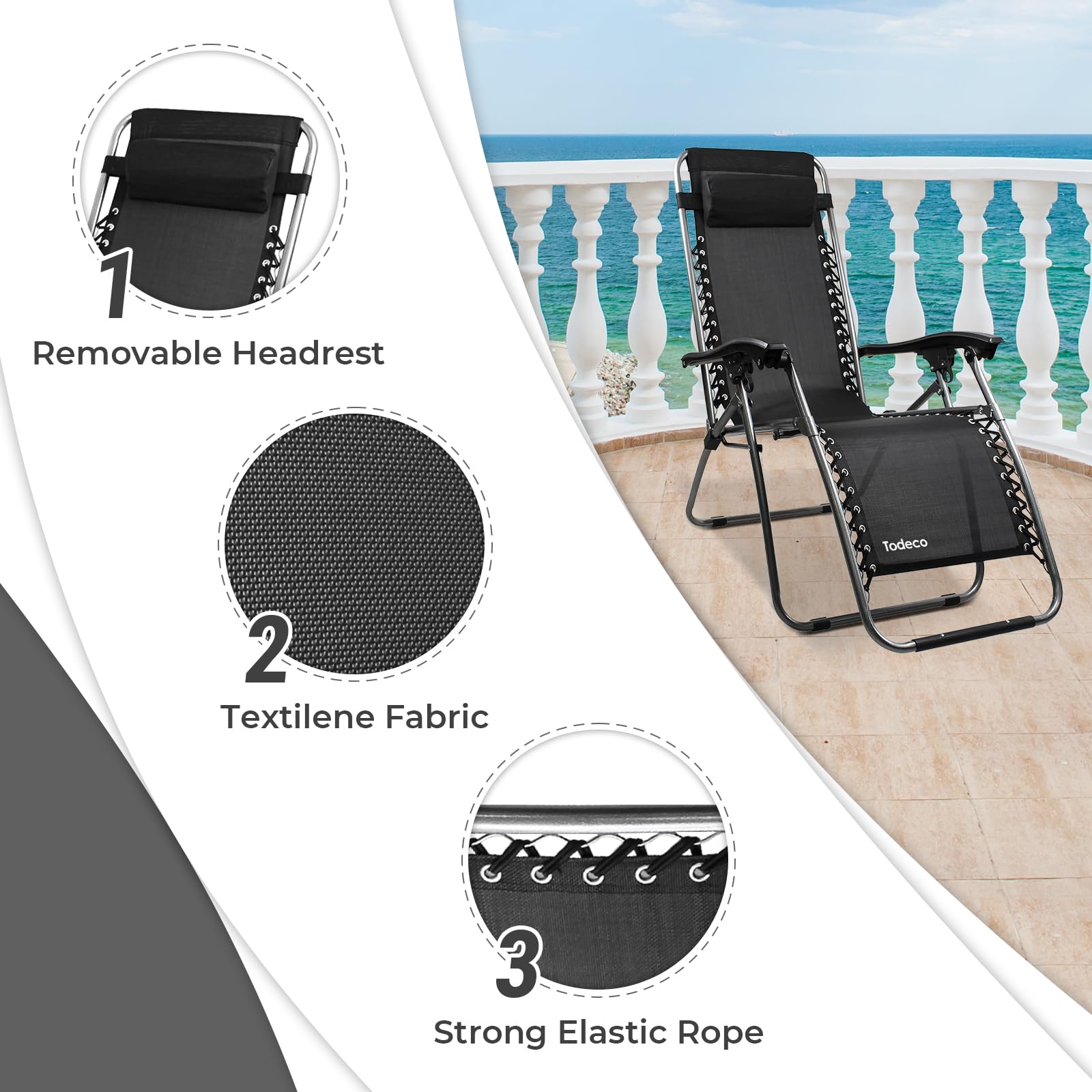 Todeco Chaises Longues Zéro Gravité, Fauteuils Relax de Jardin Pliables en Textilène Respirant avec Repose-Tête, Dossier Inclinable Multiposition, Bain de Soleil Terrasse Balcon Piscine, Noir