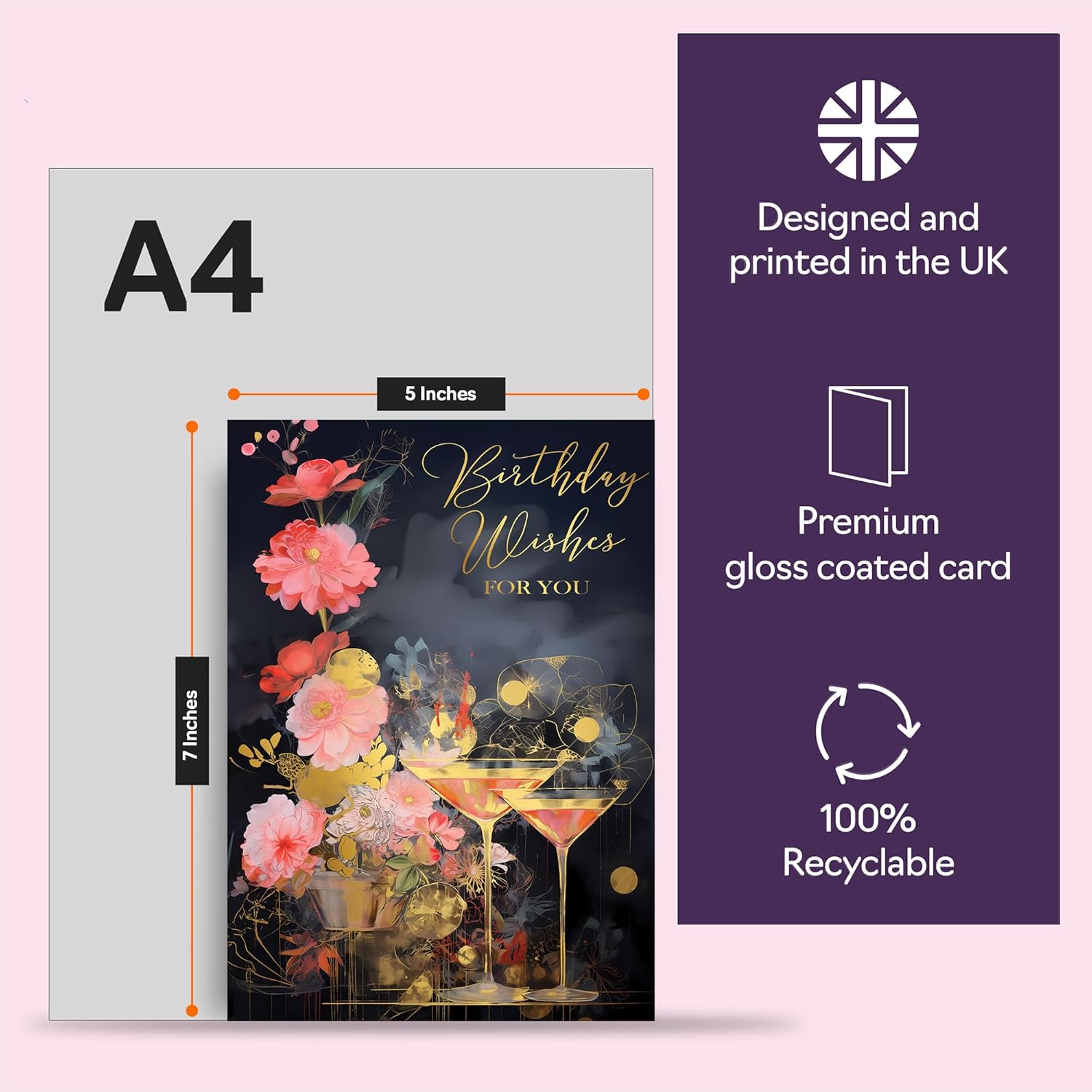 Beautiful Gold Birthday Cards for Women Men - Wonderful Golden Cocktails - Elegant Traditional Pretty Birthday Card for Family Friends Her Him, 5x7 Inch Gorgeous Greeting Cards Gift
