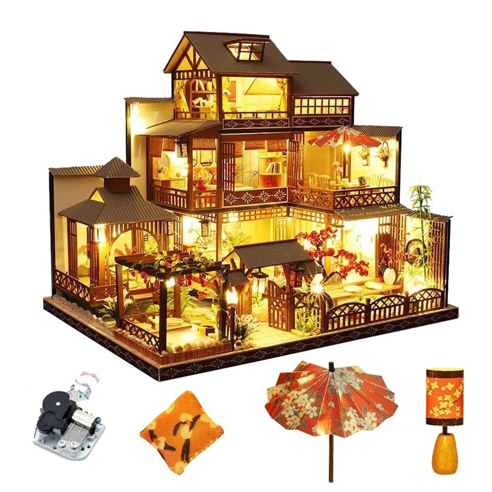 Casa de muñecas retro de estilo japonés con muebles, kit de casa de muñecas de madera con música, escala 1:24, habitación creativa para regalo de cumpleaños