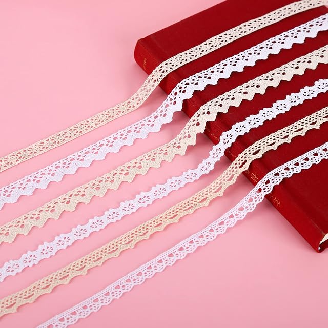 6 Rolls 30 Yards White Lace Ribbon Roll Cream Lace Trim Cotton Crochet Lace Edge Trim Ribbon Vintage Lace Ribbon for Sewing Crafting Wedding Cards Decorations DIY Crafts Materials
