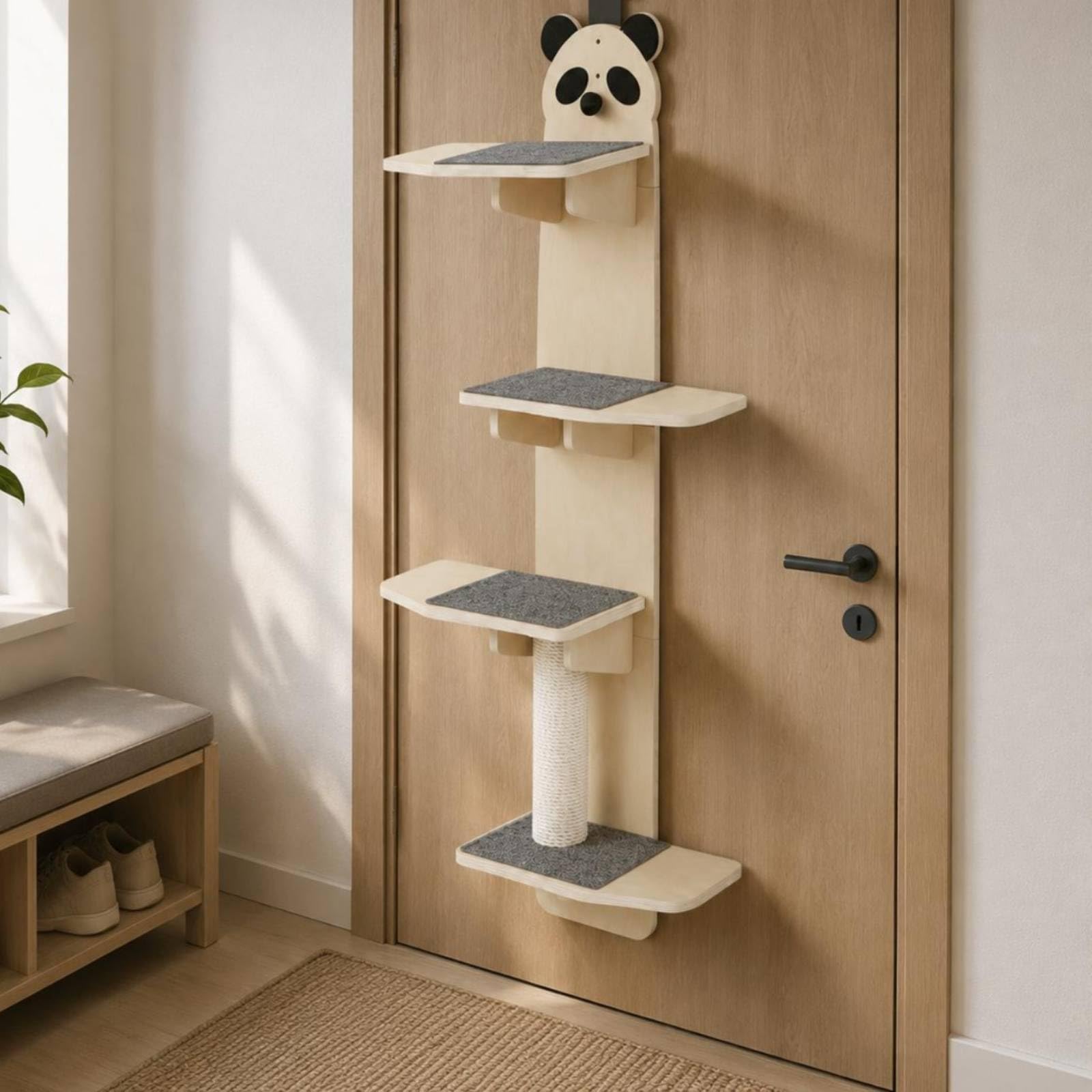 Gralara Tiragraffi Torre per Gatti Arrampicata Albero Piattaforme in HDF con Colonna Tappetini Graffianti E Pallina Gioco, Testa Di Gatto In Legno Massello Multistrato Da 15 Mm