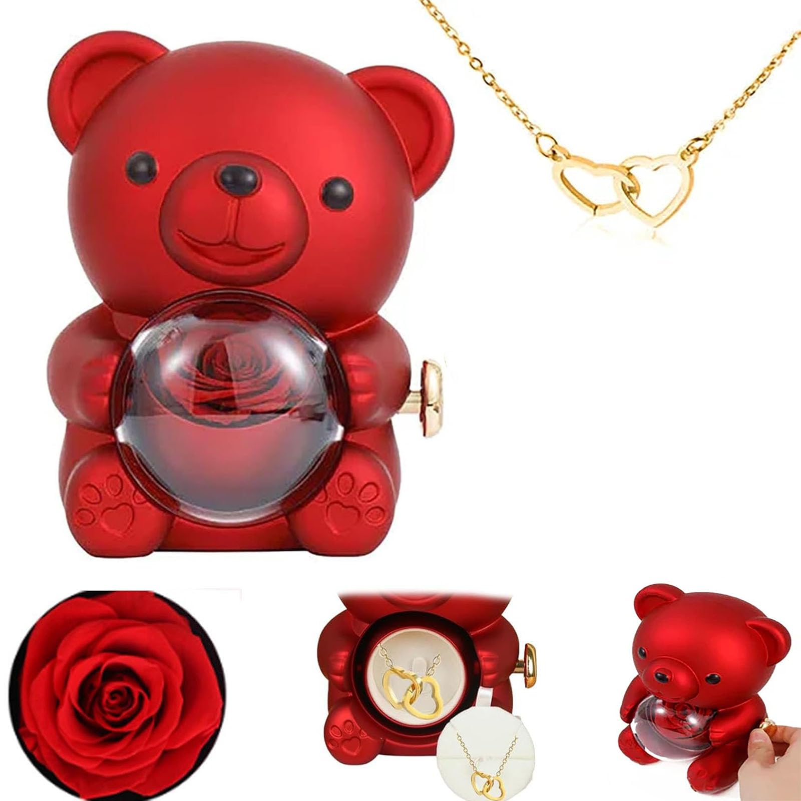 Caduola Engraved Heart Necklace - Real Rose Bear Giftbox, Preserved Rose Gifts Set, Eternal Rose Flowers Flip Bear Jewelry Box, Red