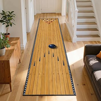 American Style Bowling Lane Runner Rug, 2x8ft, Wood Grain Patriotic Star Border Living Room Carpet, Skid-Resistant Washable Sports Decor Rug for Kids Boys Room, Rubber Backed Indoor Rug